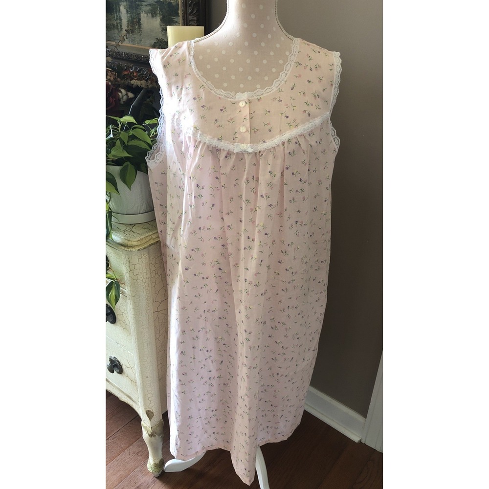 Vtg Simply Basic Sleeveless Nightgown Embroidery Lace Pink Floral Women 2X NWOT